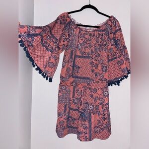 Floral Boho Off-Shoulder Jumpsuit Pompoms